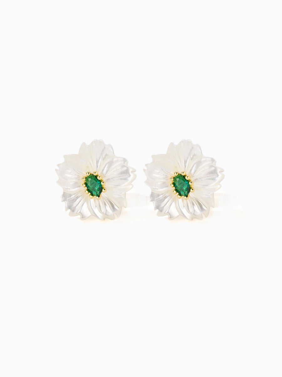 Mother of Pearl White Flower with Green/Red CZ Studs Earrings