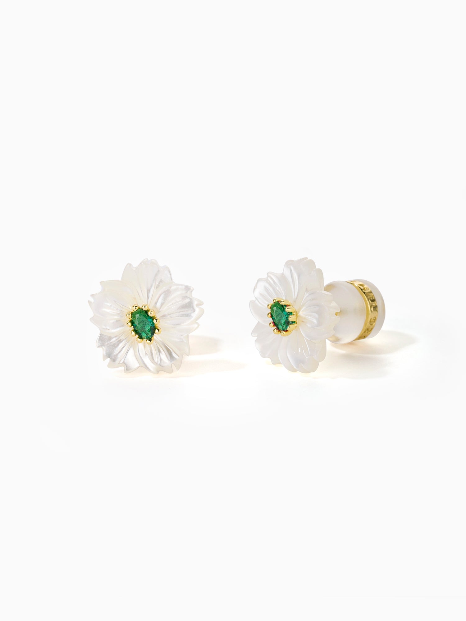 Mother of Pearl White Flower with Green/Red CZ Studs Earrings