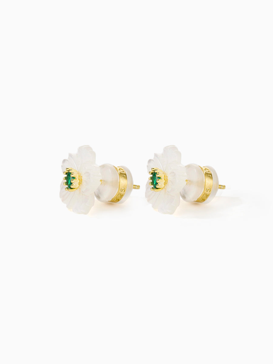 Mother of Pearl White Flower with Green/Red CZ Studs Earrings