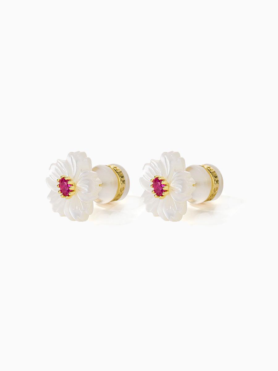 Mother of Pearl White Flower with Green/Red CZ Studs Earrings