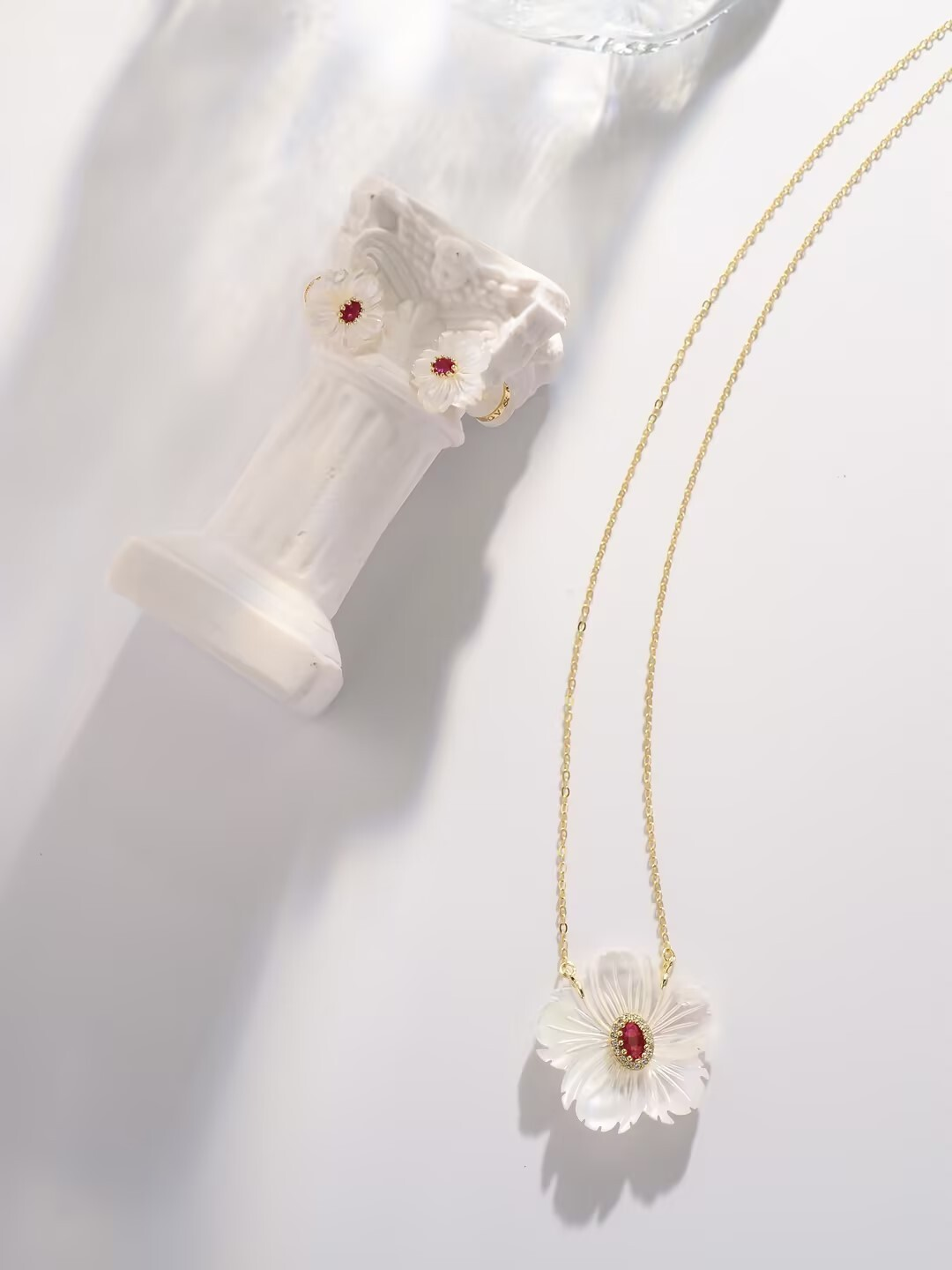 Floral Mother of Pearl with Green/Red CZ Pendant Necklaces