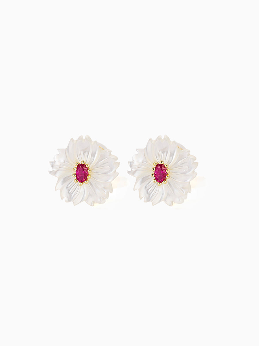 Mother of Pearl White Flower with Green/Red CZ Studs Earrings