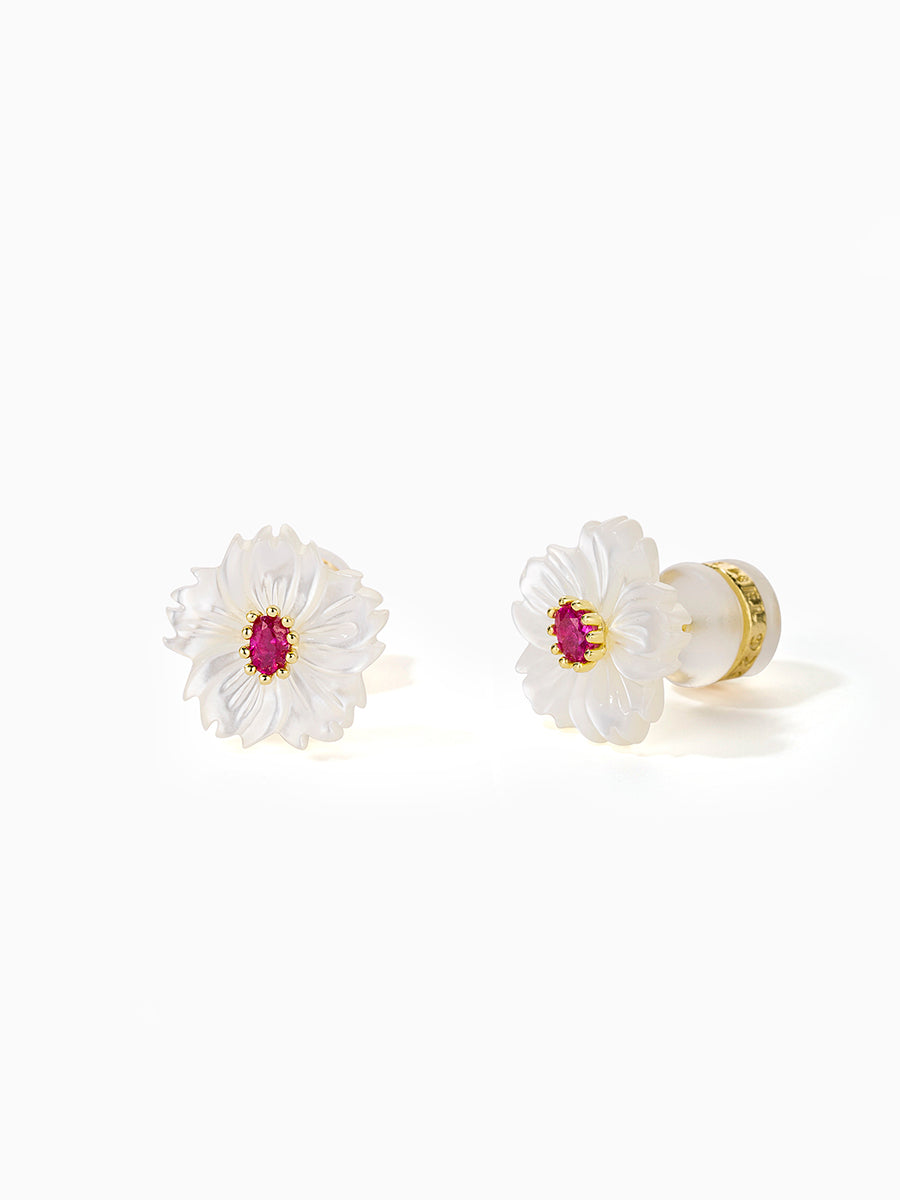 Mother of Pearl White Flower with Green/Red CZ Studs Earrings