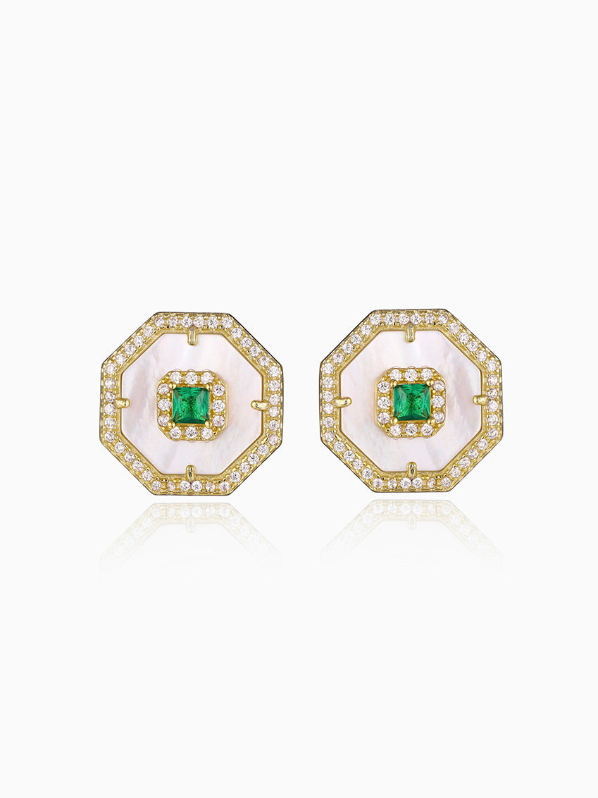 925 Silver MOP Inlay CZ Octagon Studs Earrings