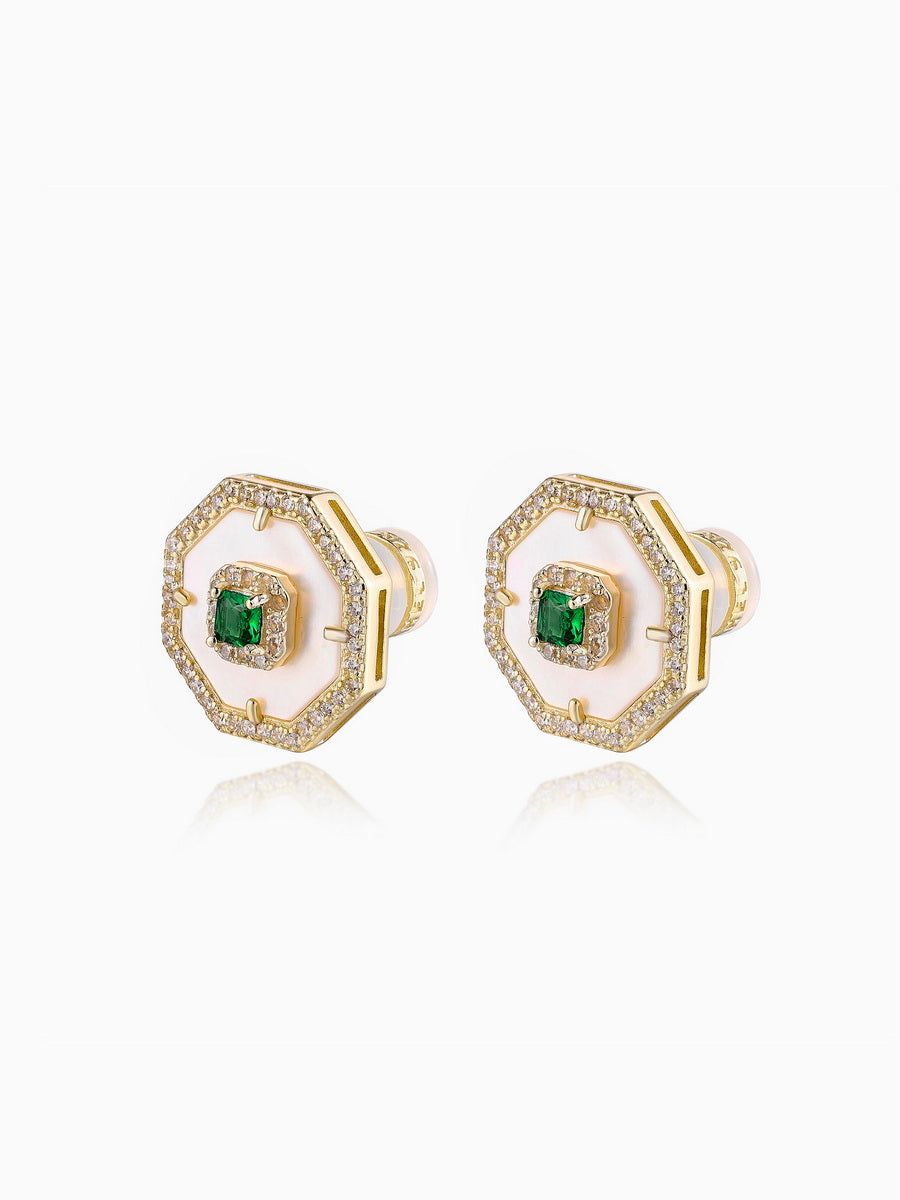 925 Silver MOP Inlay CZ Octagon Studs Earrings