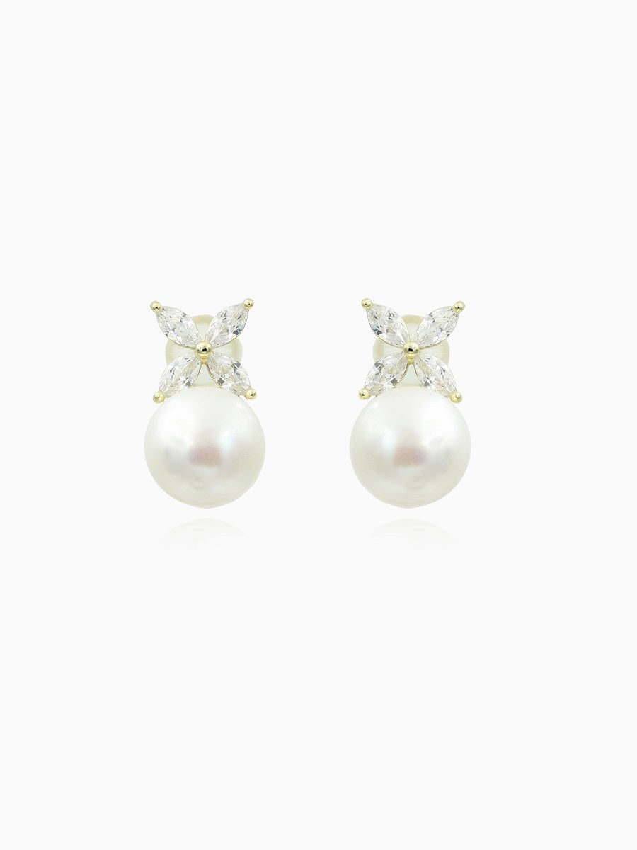 925 Silver 10MM Fresh Water Pearl with Flower CZ Earrings