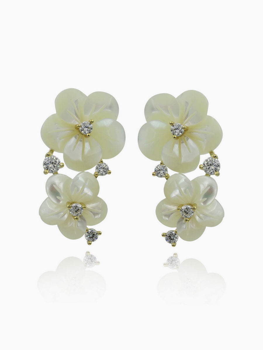 925 Silver Carved MOP Double Flower CZ Earrings