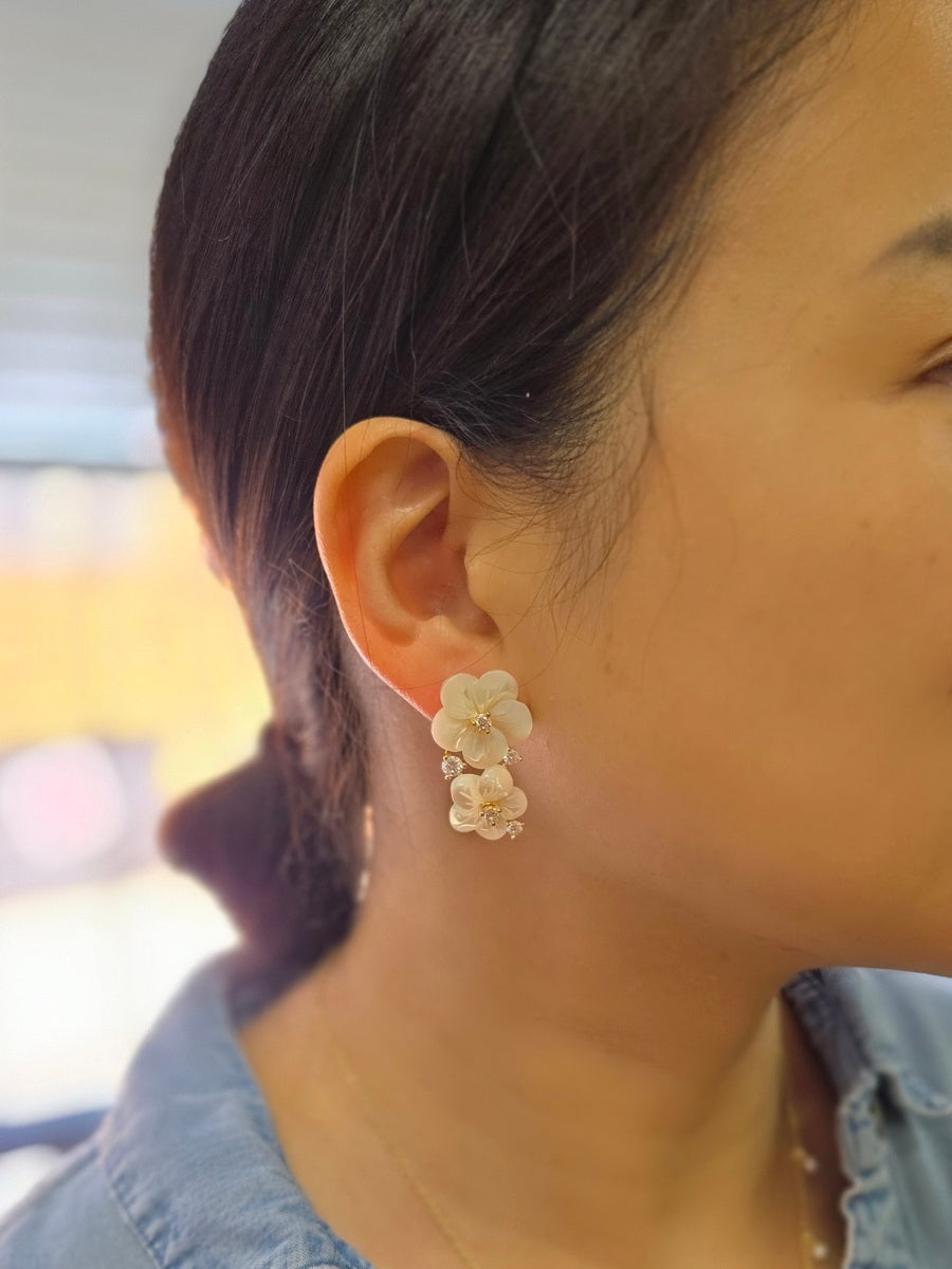 925 Silver Carved MOP Double Flower CZ Earrings