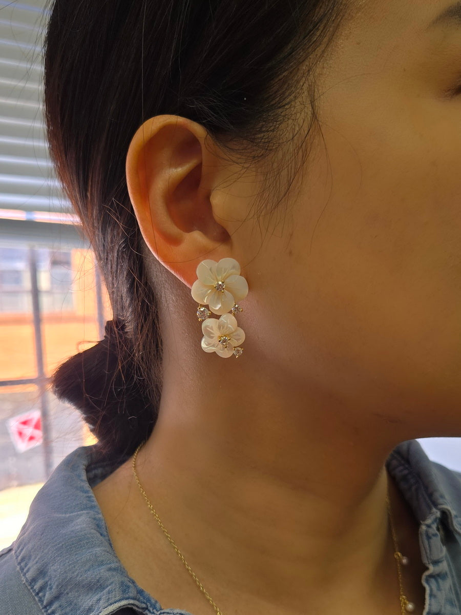 925 Silver Carved MOP Double Flower CZ Earrings