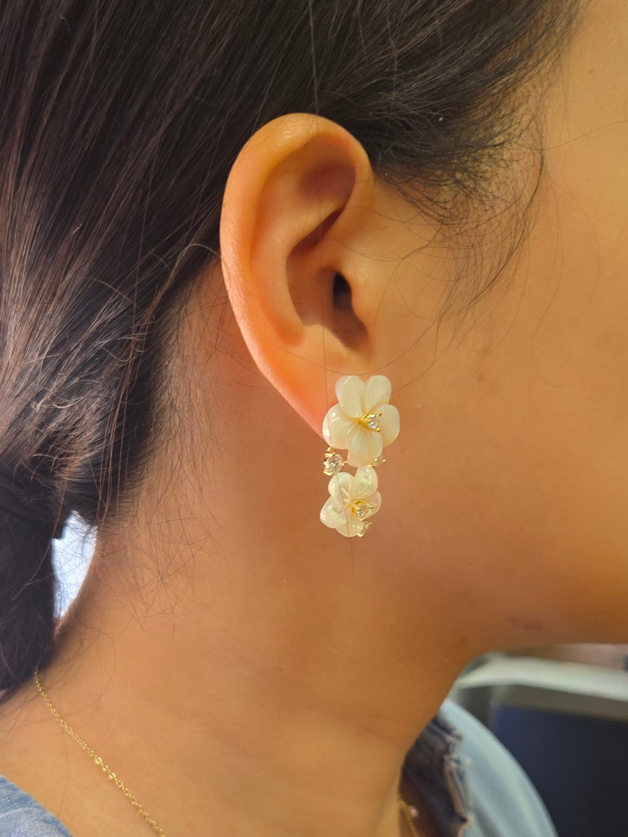 925 Silver Carved MOP Double Flower CZ Earrings
