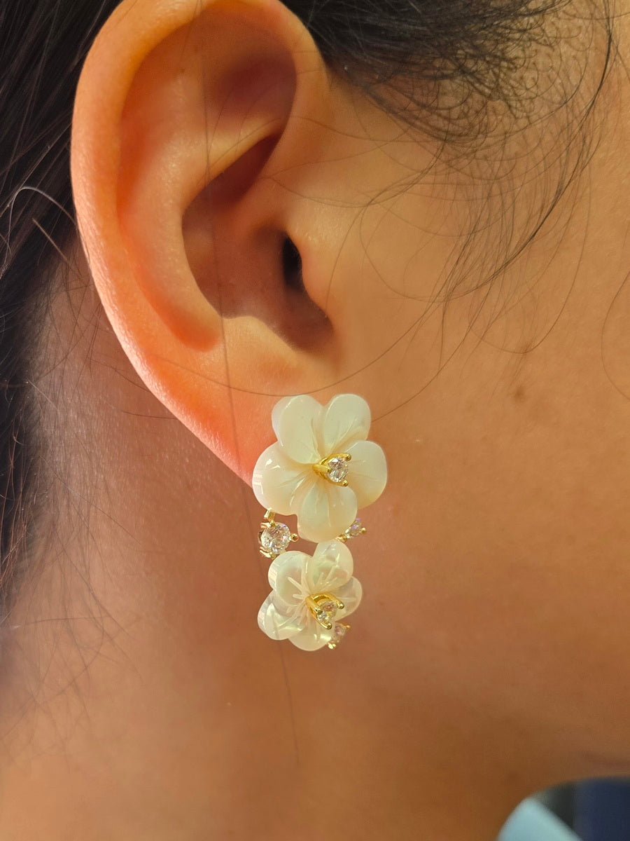 925 Silver Carved MOP Double Flower CZ Earrings