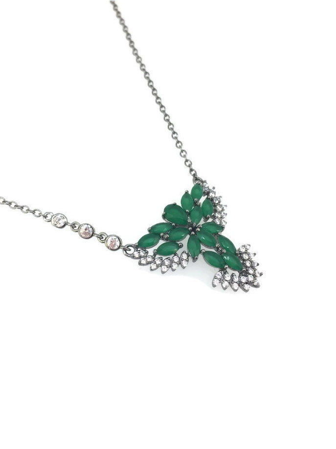 925 Sterling Silver Leaf CZ Necklace