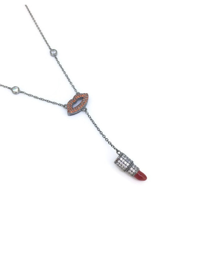 925 Silver CZ Lip & Lipstick Necklace