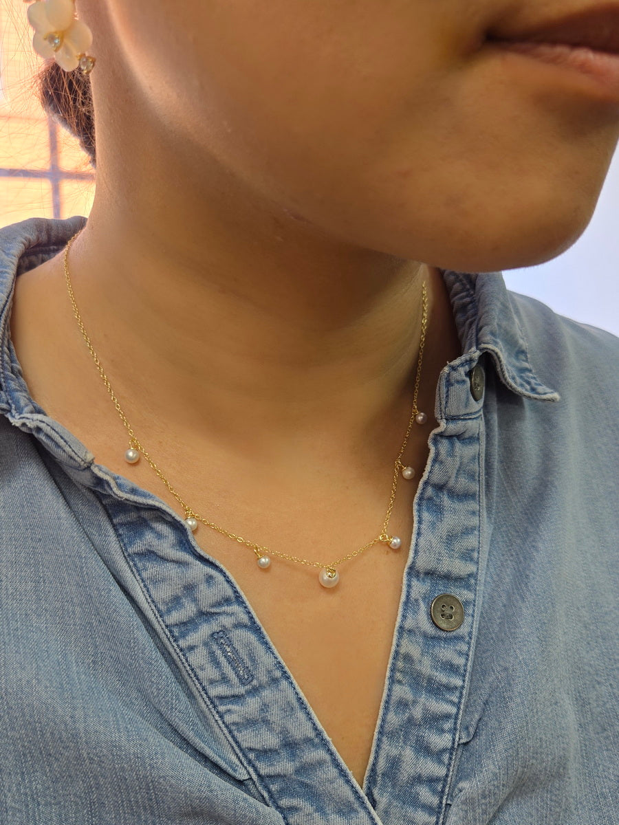 925 Silver 4-6mm Freshwater Pearl Dainty Droplets Necklace