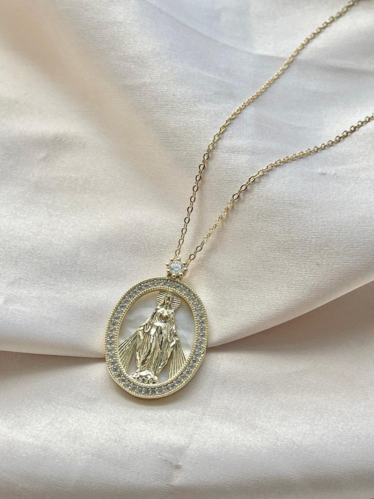925 Silver Praying Virgin Mary MOP with CZ Pendant