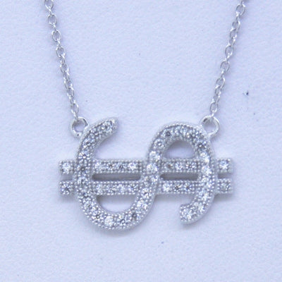 925 Silver CZ Pave Dollar Sign Necklace