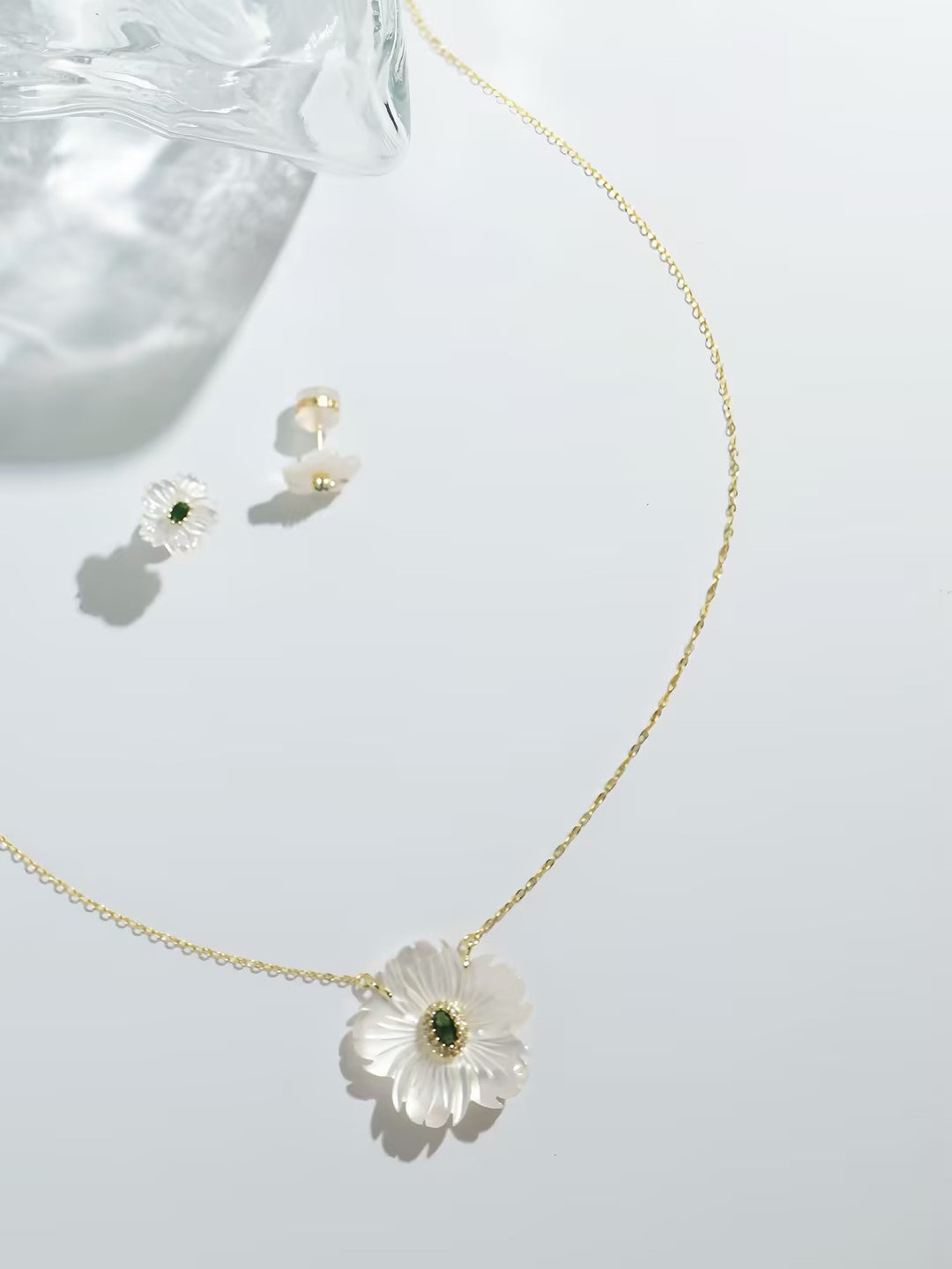 Floral Mother of Pearl with Green/Red CZ Pendant Necklaces