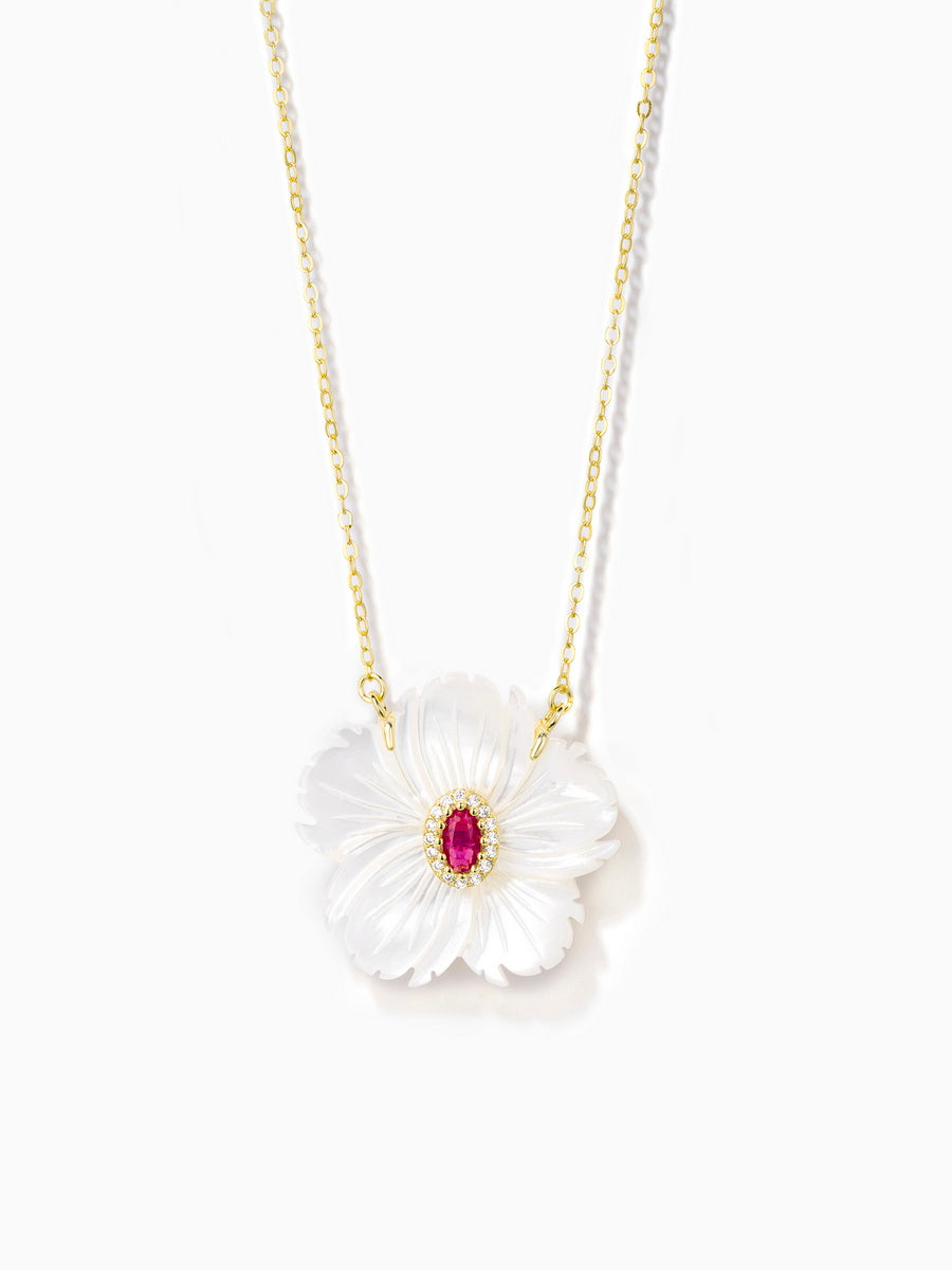 Floral Mother of Pearl with Green/Red CZ Pendant Necklaces