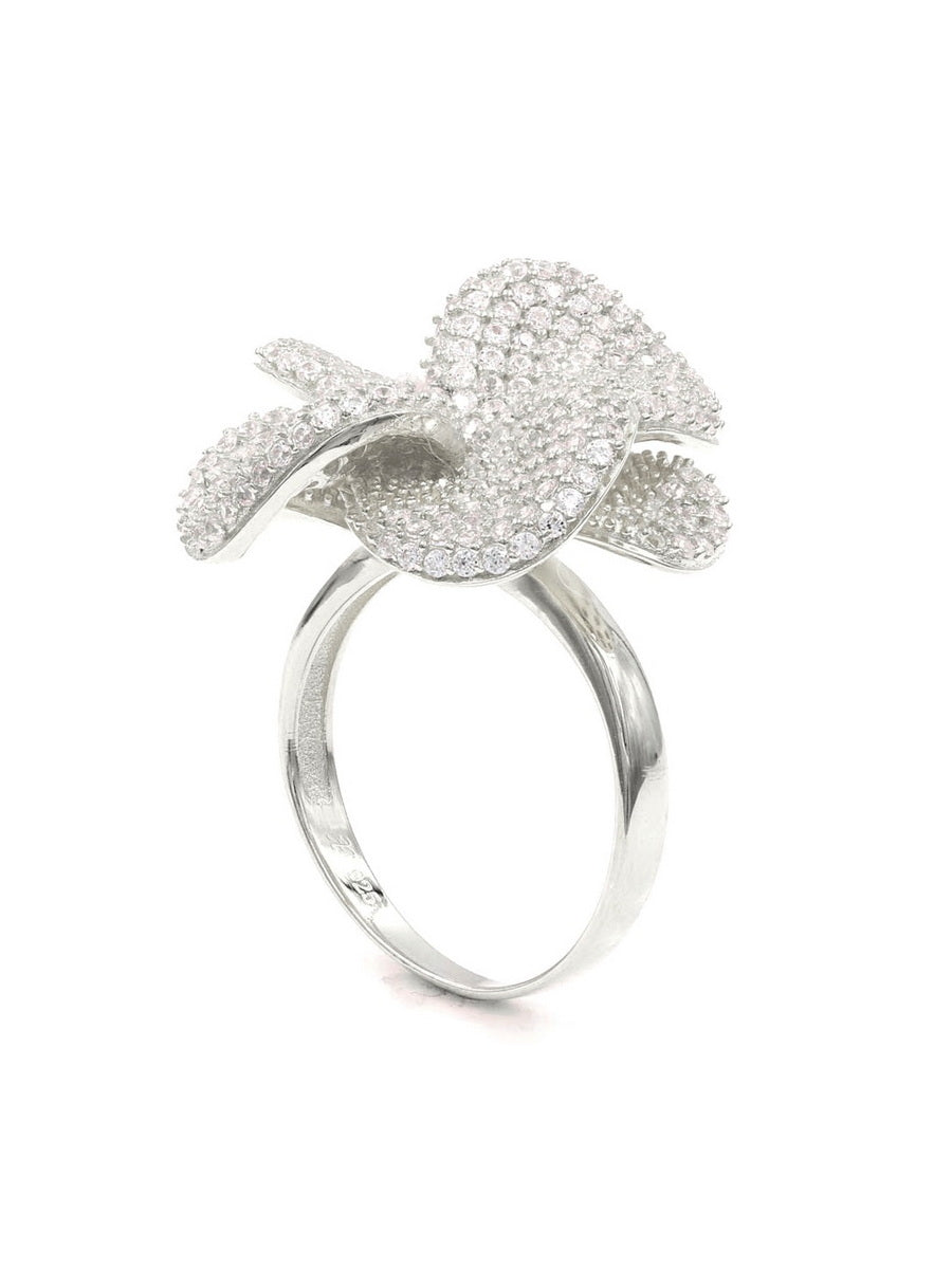 925 Silver CZ Pave Flower Cocktail Ring