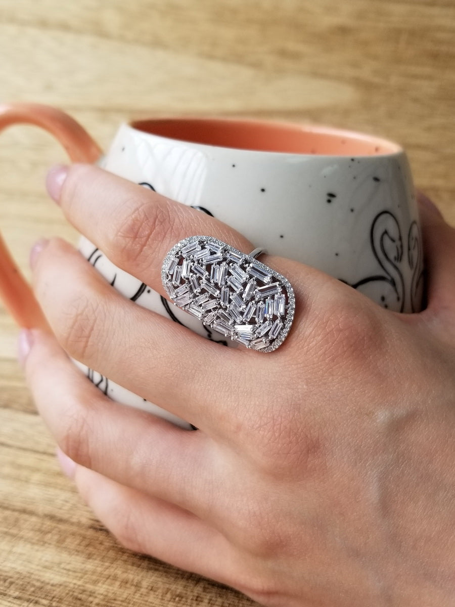 925 Silver Baguette Cut CZ Cluster Style Ring