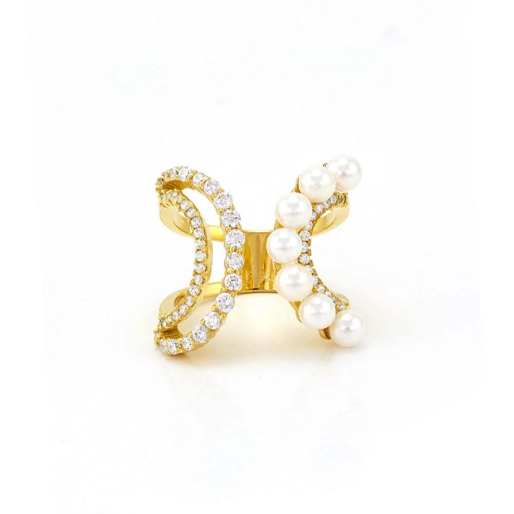 Elegant CZ Cocktail Pearl Open Ring