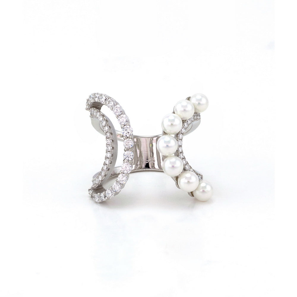 Elegant CZ Cocktail Pearl Open Ring