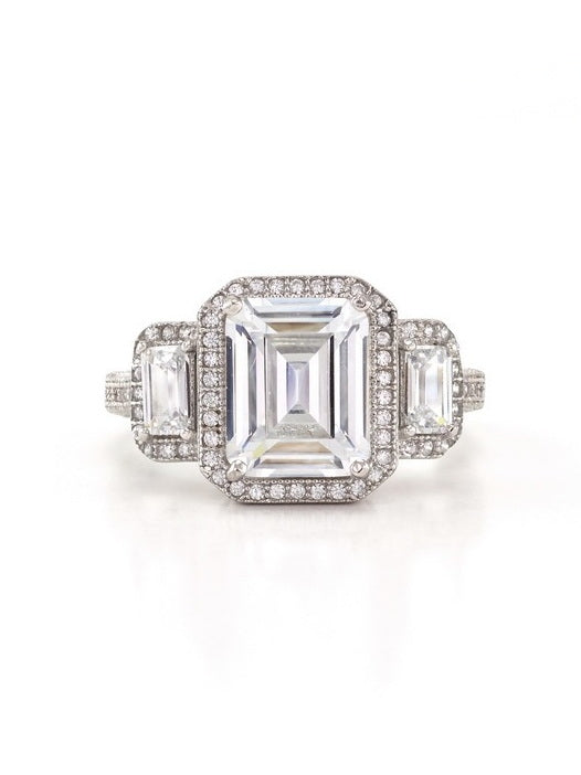 925 Silver Emerald Shape CZ Halo Setting Ring