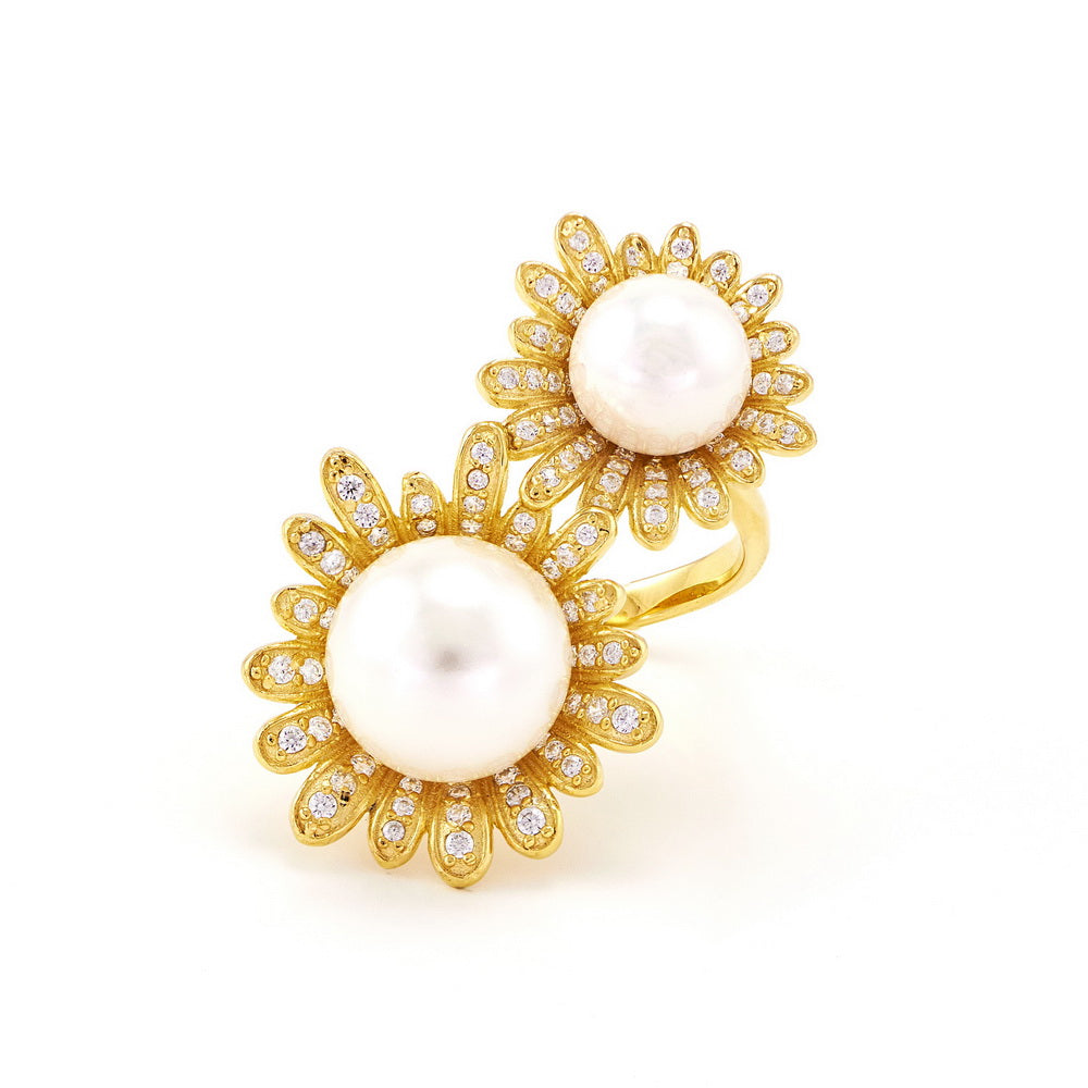 Shell Pearls Cute Flower Cocktail Open Ring