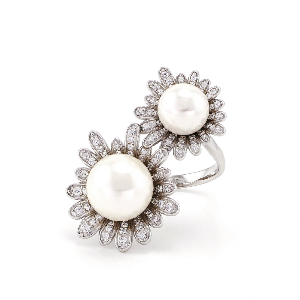 Shell Pearls Cute Flower Cocktail Open Ring