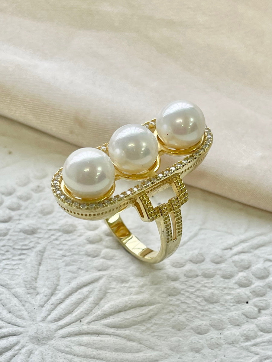 Triple Shell Pearls CZ Cocktail Ring