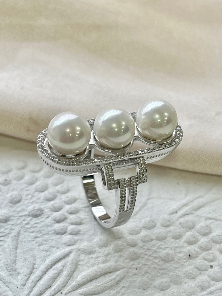 Triple Shell Pearls CZ Cocktail Ring