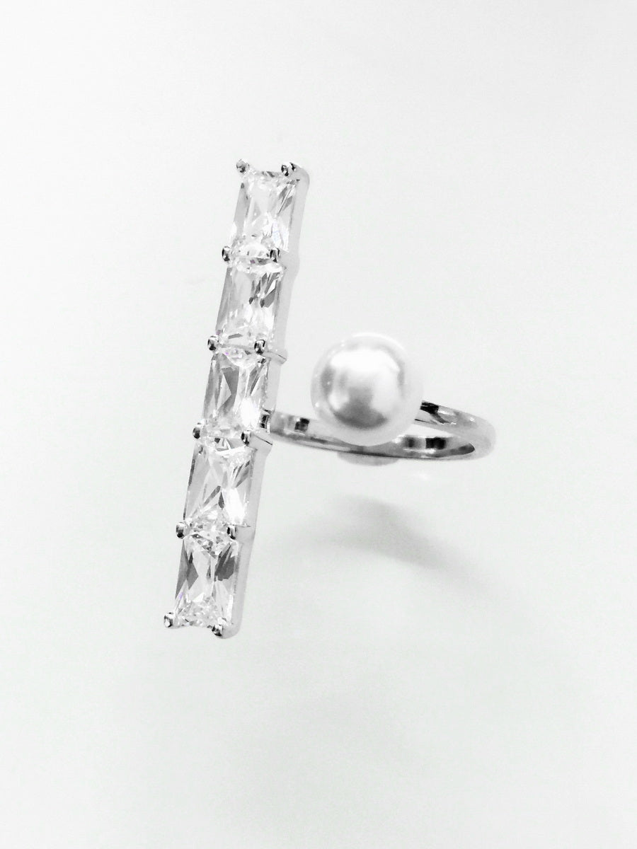 Shell Pearls CZ Bar Cocktail Open Ring