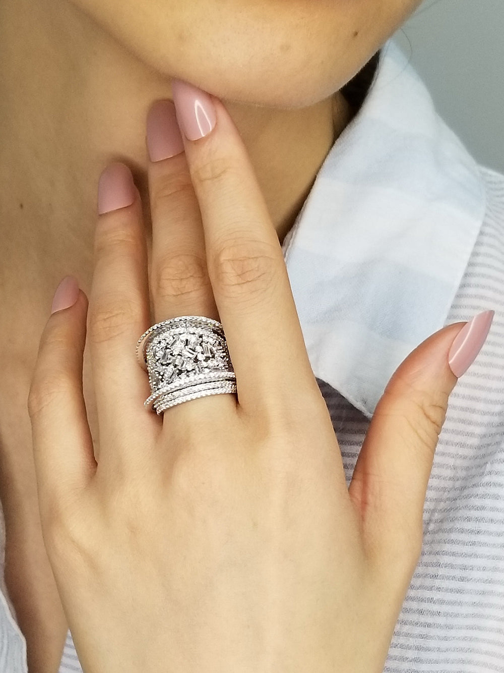 925 Sterling Silver Multi-Layer Baguette CZ Cocktail Ring