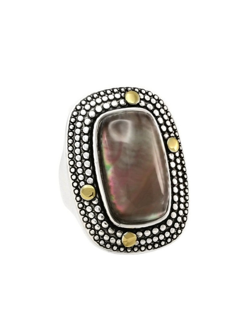 925 Sterling Silver Crystal-Covered Abalone Shell Ring