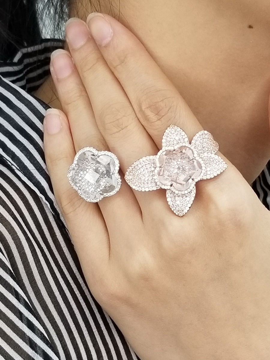 925 Sterling Silver Big Crystal Cover CZ Flower Cocktail Ring