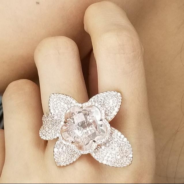 925 Silver Flower Leaf Crystal Covered CZ Cocktail Ring