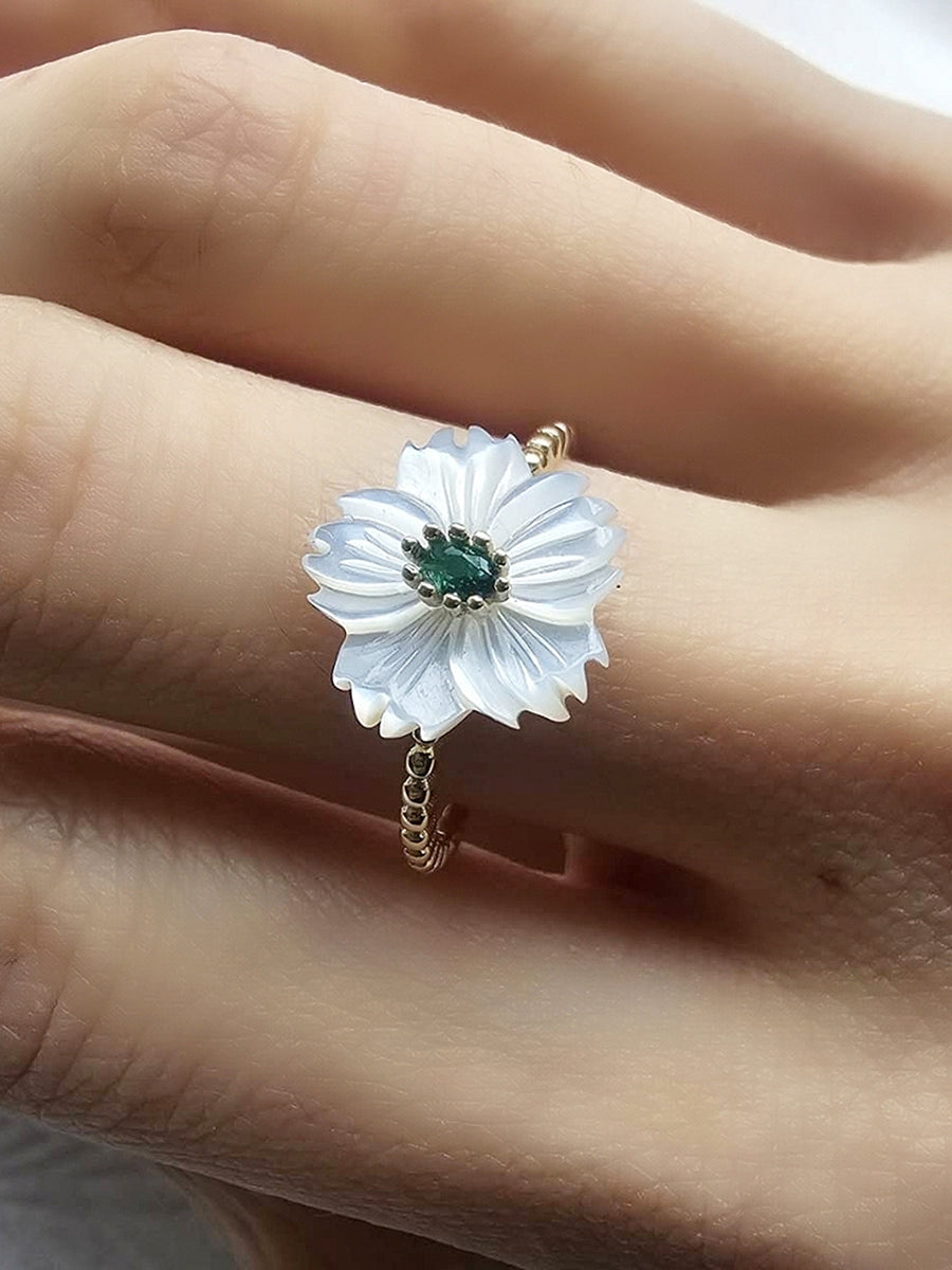 925 Silver Mother of Pearl Hand Carved Flower Ring