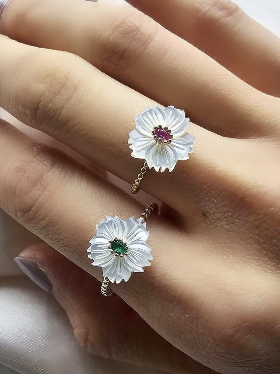 925 Silver Mother of Pearl Hand Carved Flower Ring-Jewelry